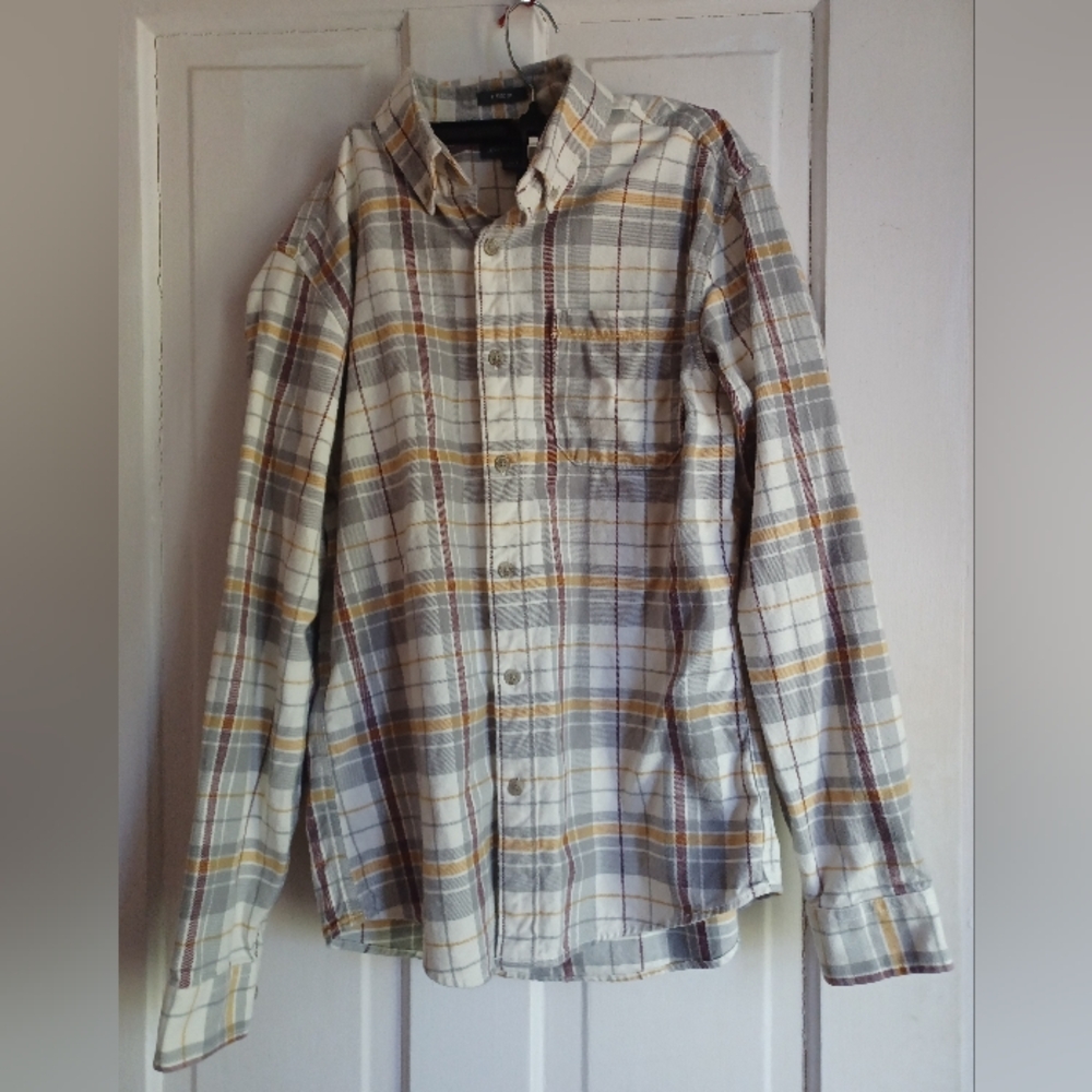 Eddie Bauer Men's Plaid Button-Down Shirt - Cream, Gray, and Brown